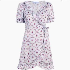 Hill House Home Nima Silk Floral Wrap Silver Mini V-Neck Dress Robe XS X-Small